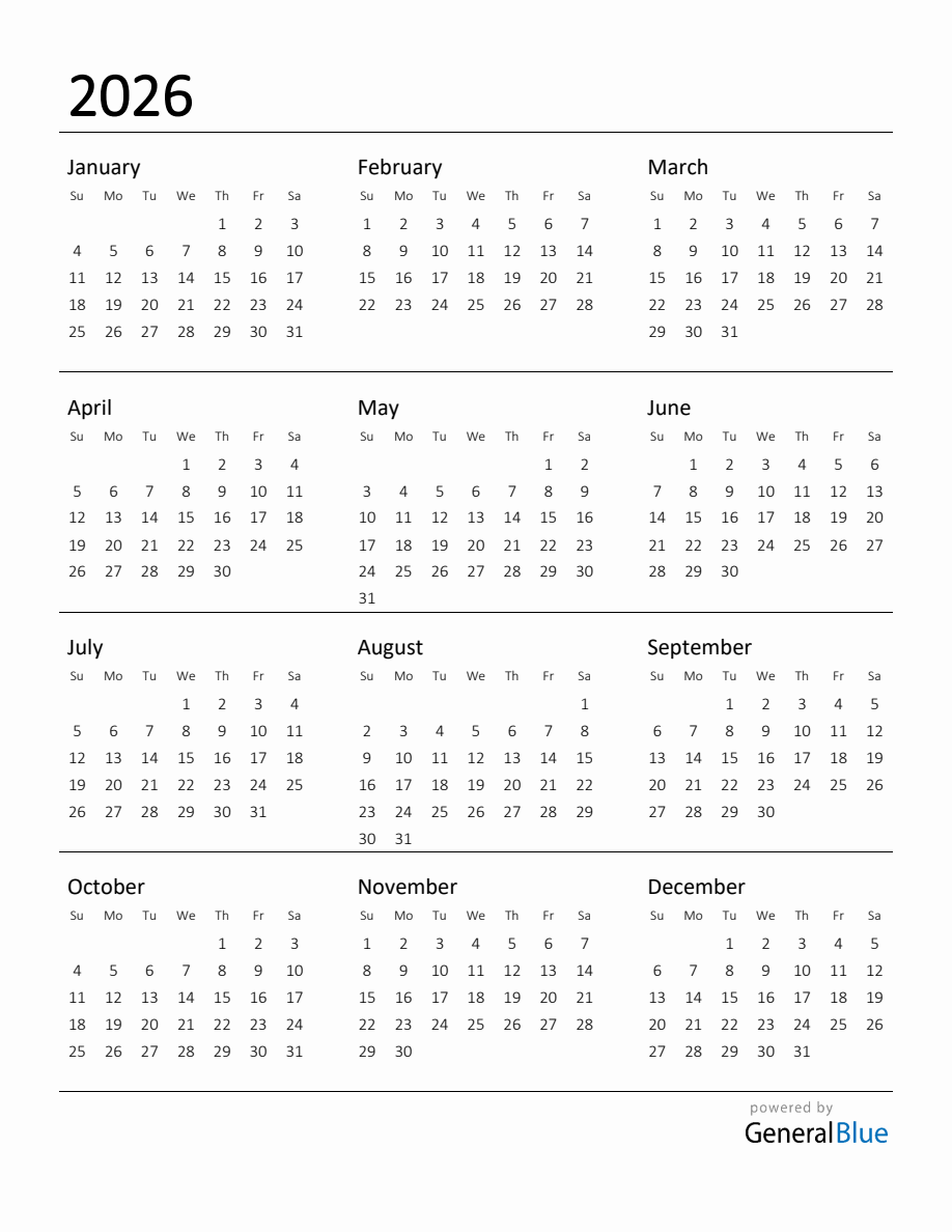 printable calendar for 2026
