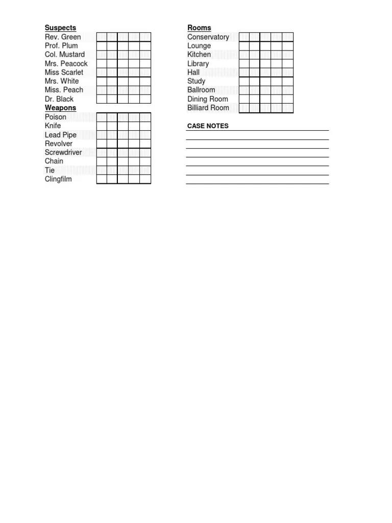 Printable Clue Game Sheets PDF Room Violence