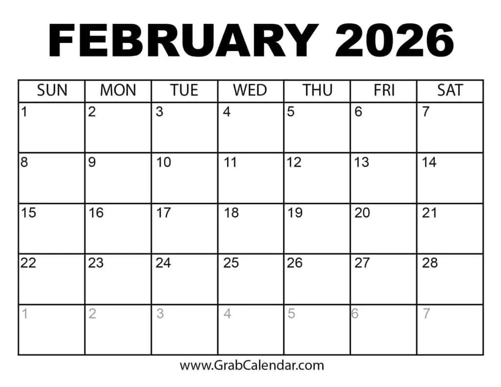 printable february 2026 calendar