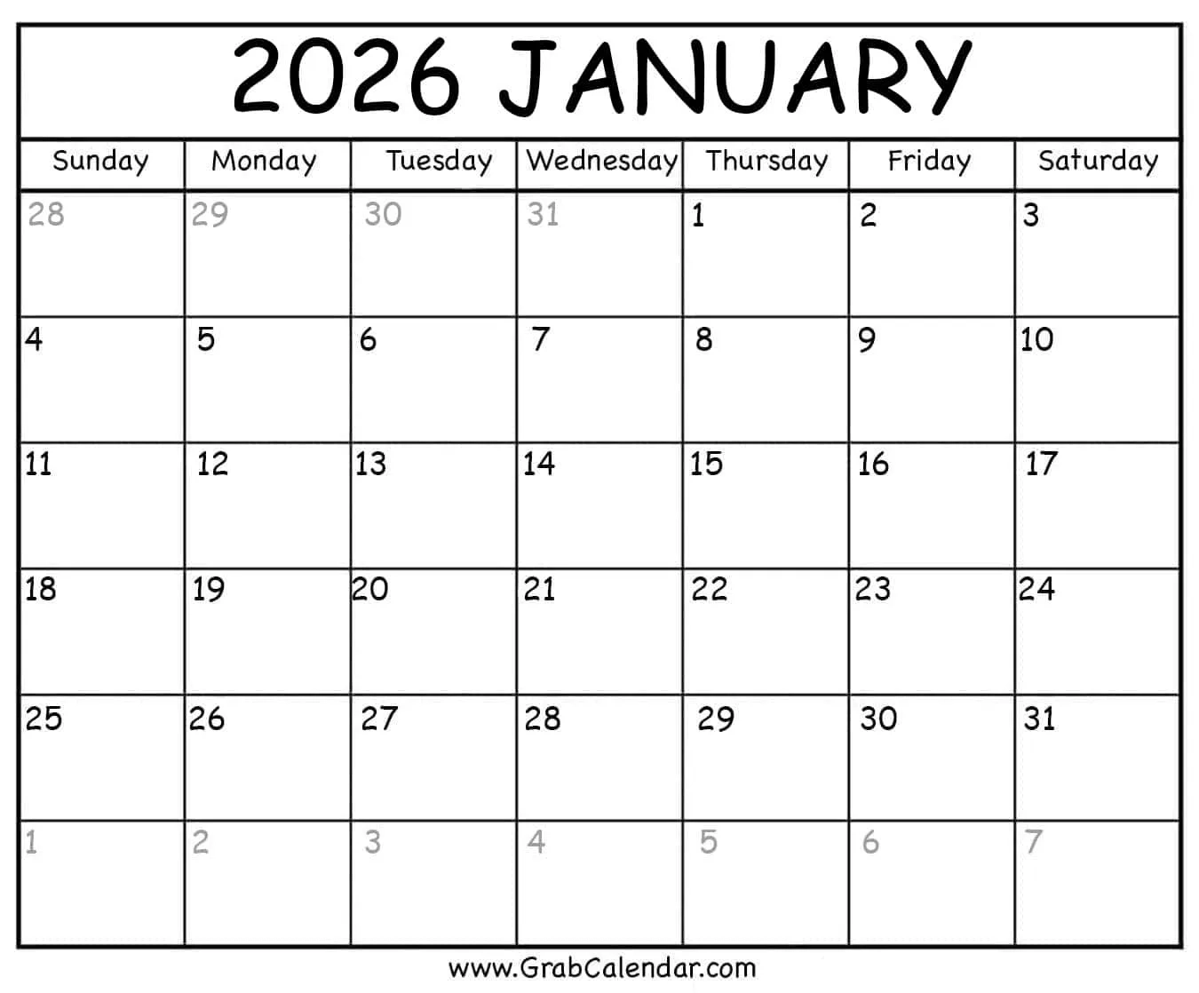 Printable Blank 2026 Calendar