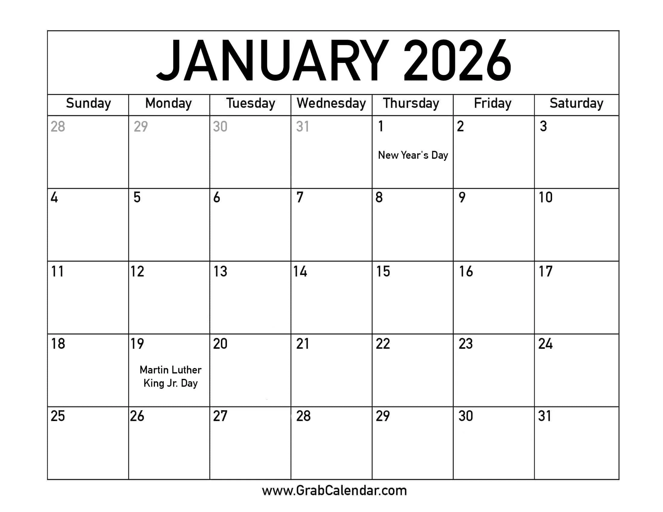 Printable 2026 Monthly Calendar With Holidays Pdf