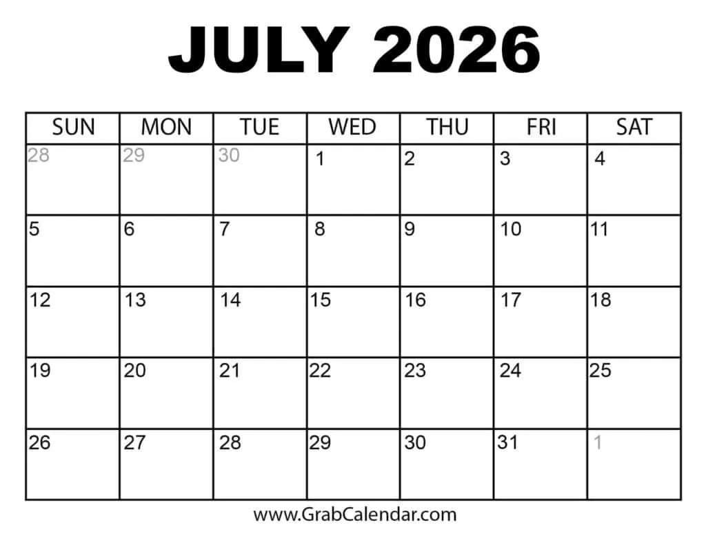 Printable Blank July And August 2026 Calendar