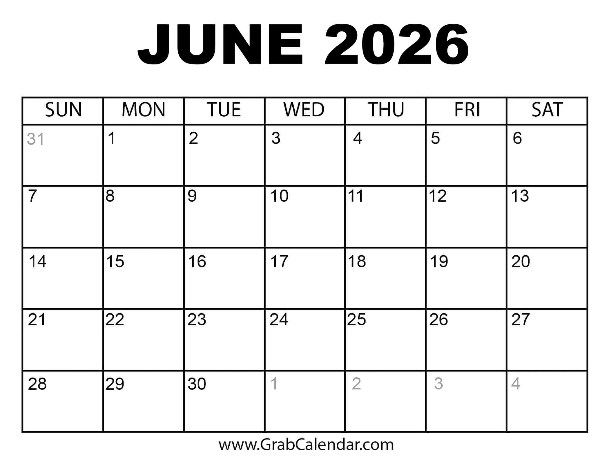 June And July 2026 Calendar Printable