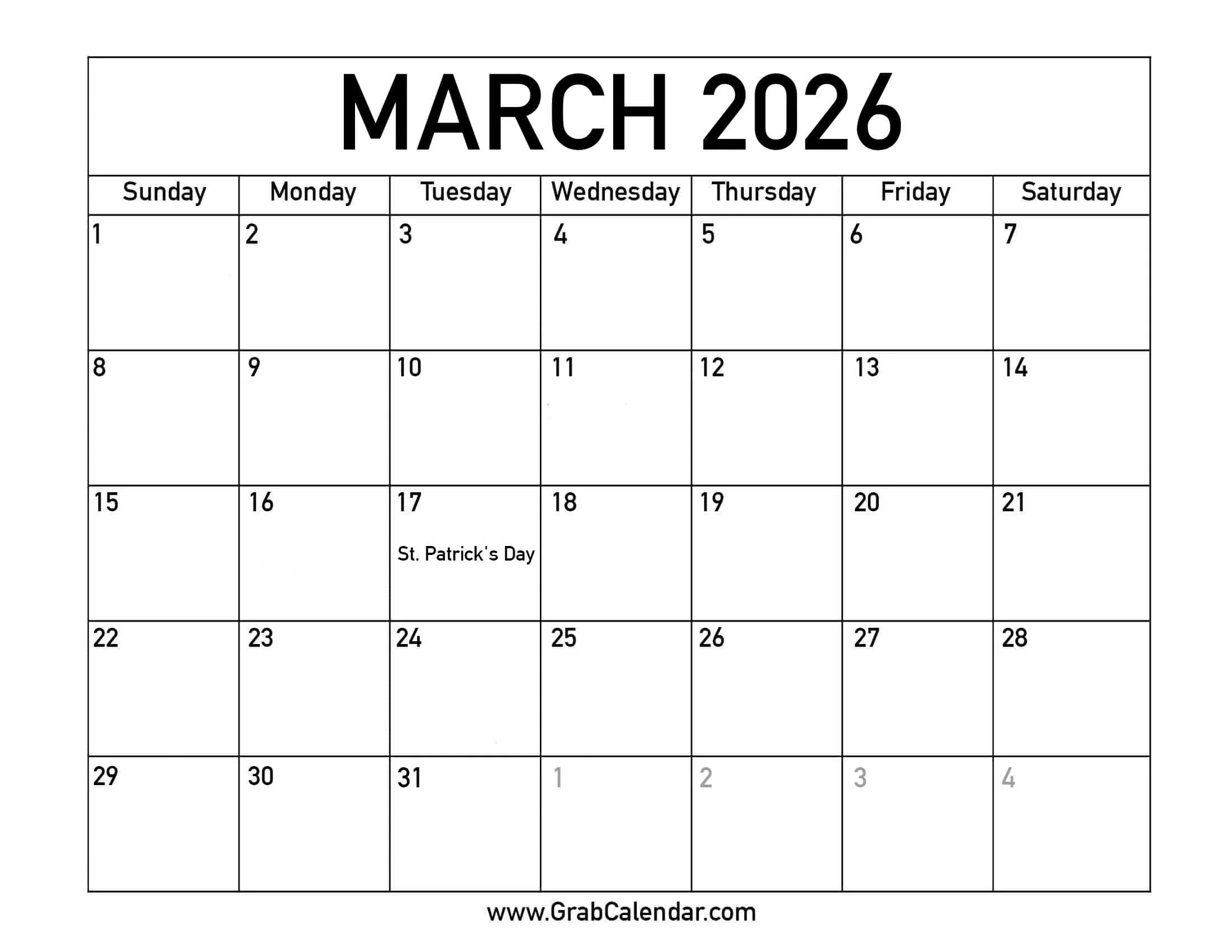 Printable March 2026 Calendar