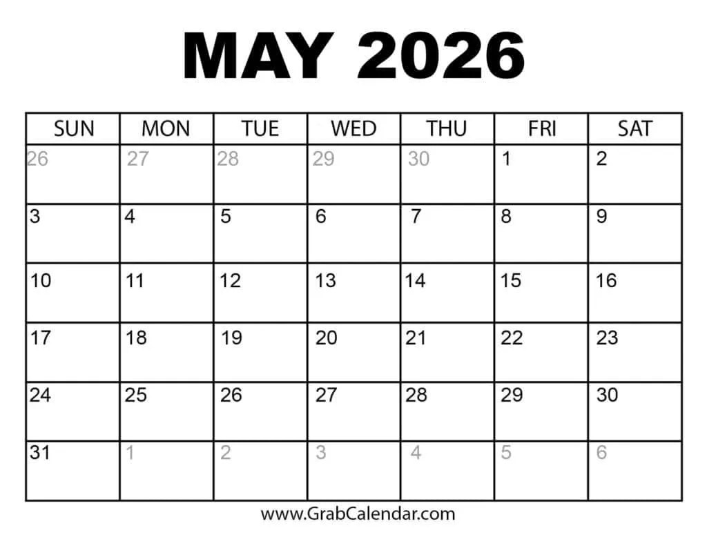 printable may 2026 calendar