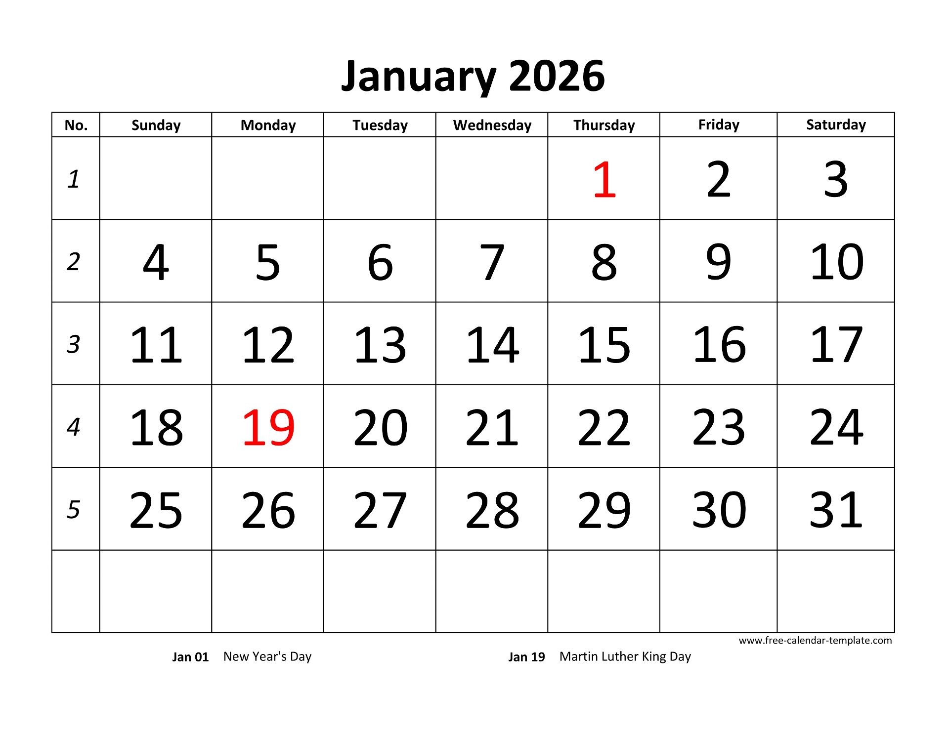 Free Blank Printable Large Box Monthly 2026 Calendar