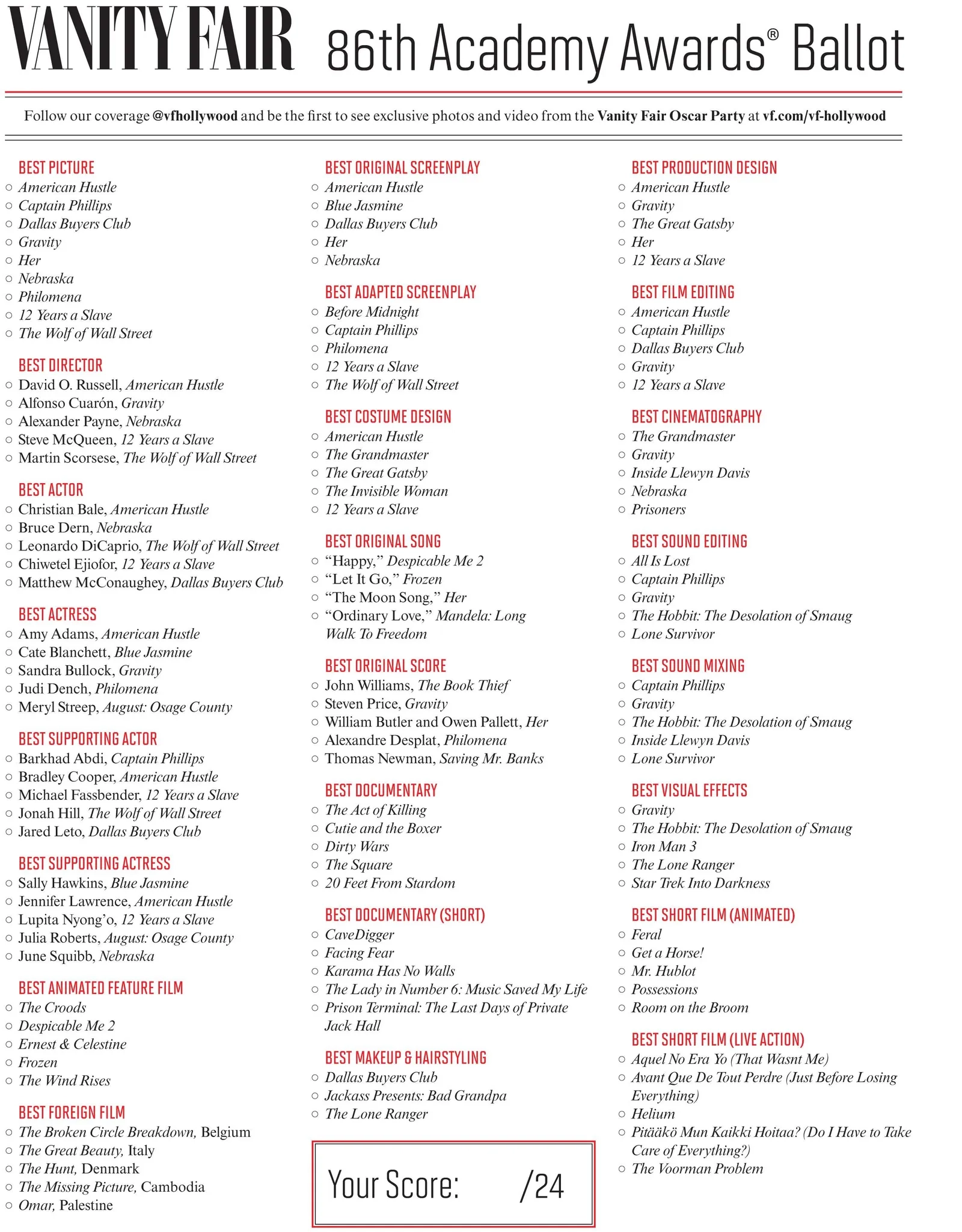 Printable Oscar Ballot For The 2014 Academy Awards Vanity Fair
