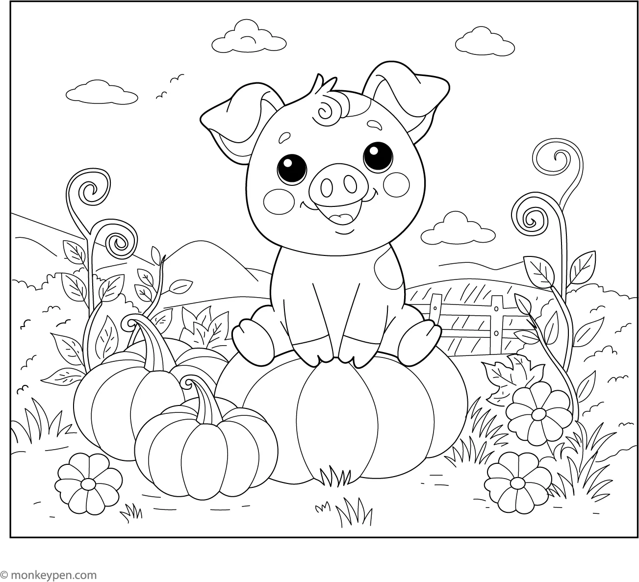 Printable Pig In Pumpkin Patch Coloring Picture