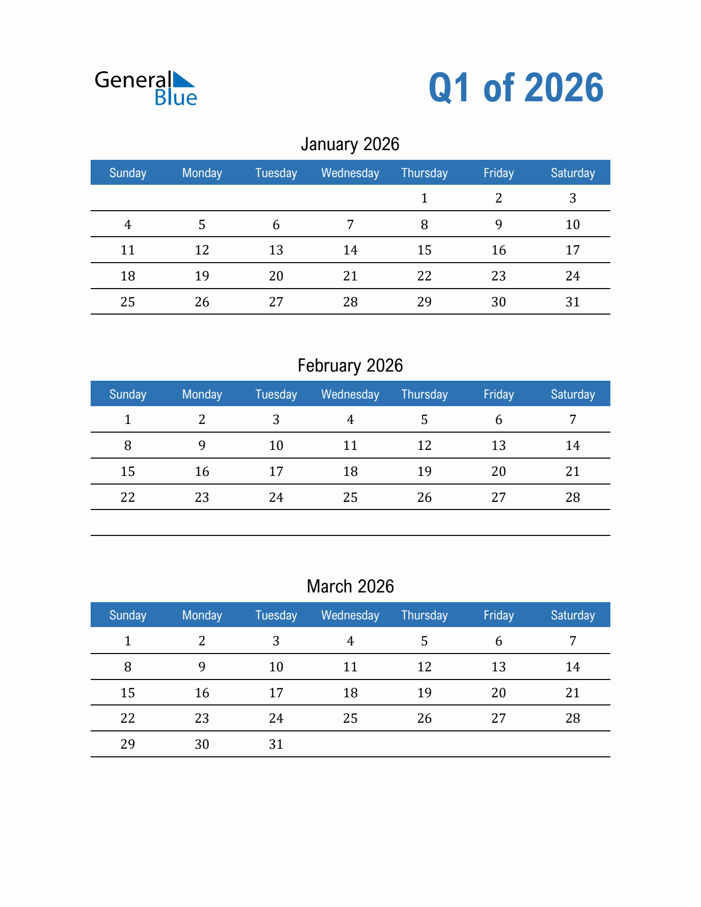 2026 Quarterly Calendar Printable Pdf