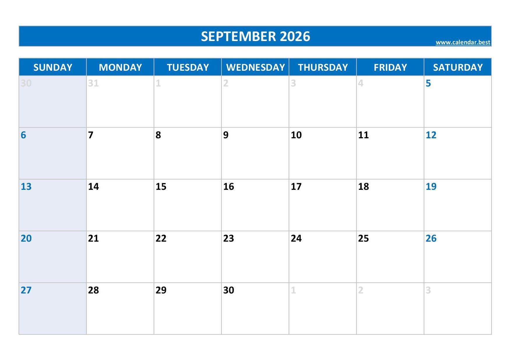 September 2026 Blank Calendar