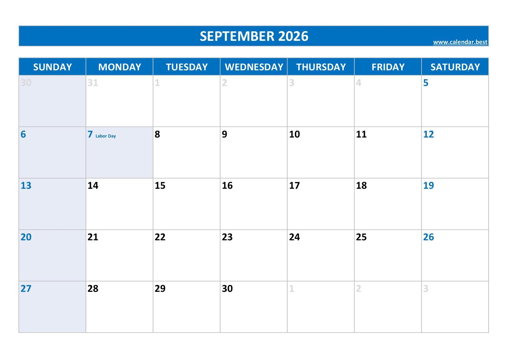 Blank Monthly Calendar Printable September 2026