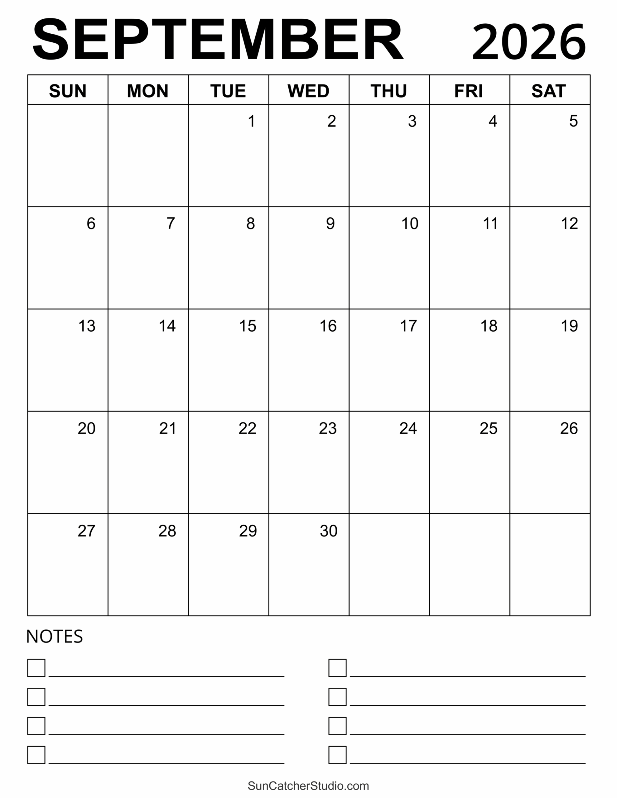 Blank September 2026 Calendar Printable Free Download