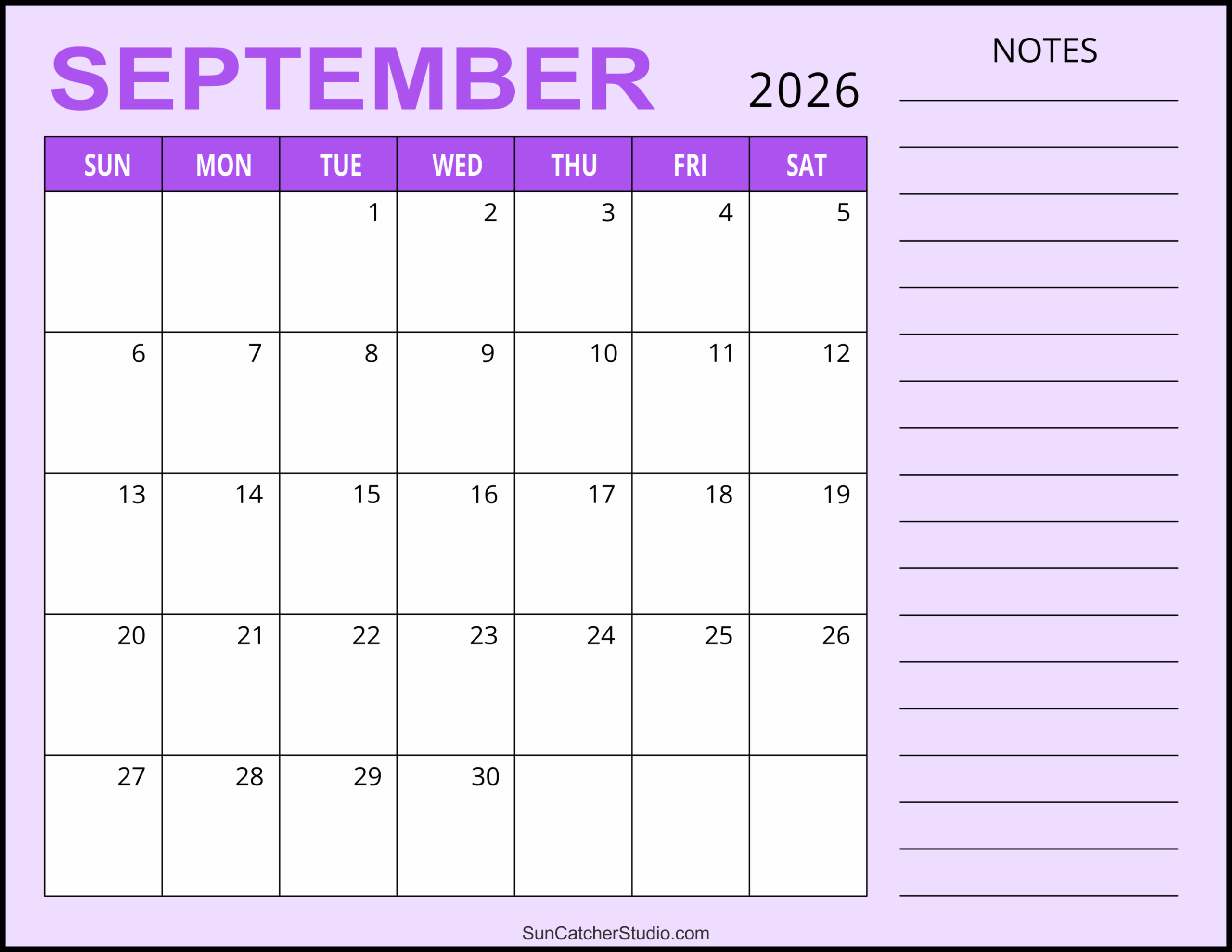 Printable Blank September 2026 Calendar