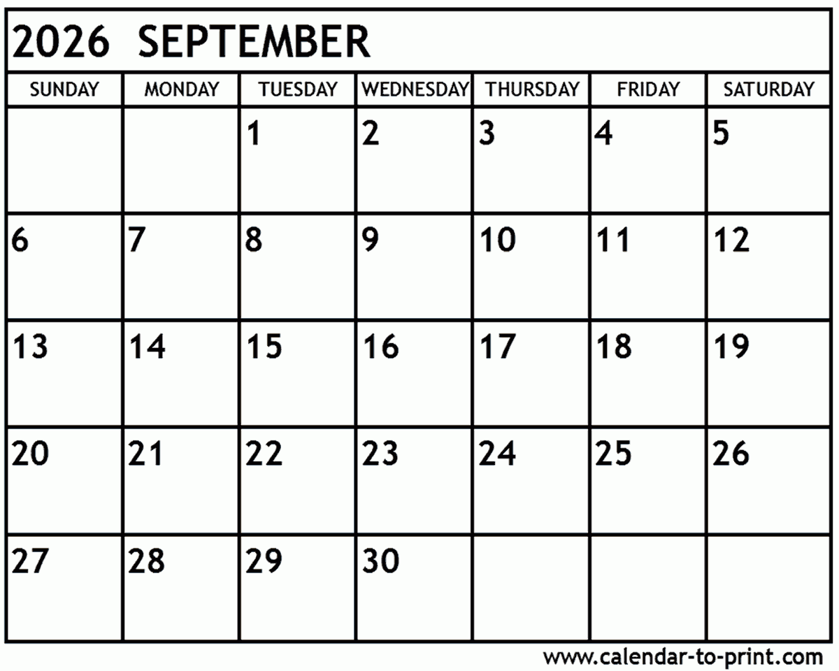 Blank September 2026 Calendar Printable Pdf