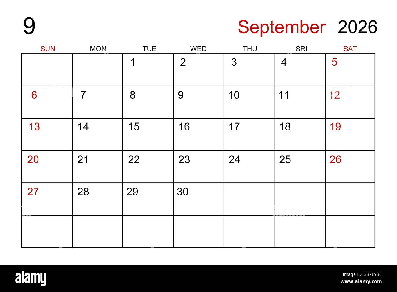 Blank September 2026 Calendar