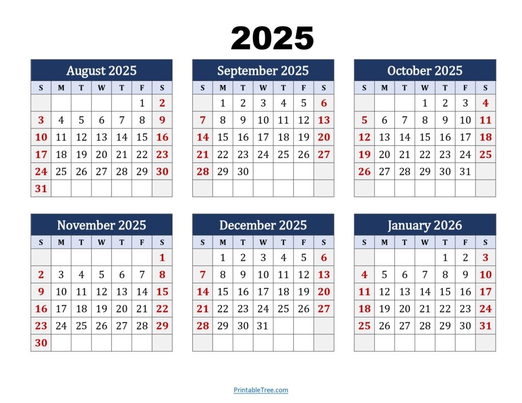 Six Month Calendar 2025 2026 Printable PDF 6 Months Calendar