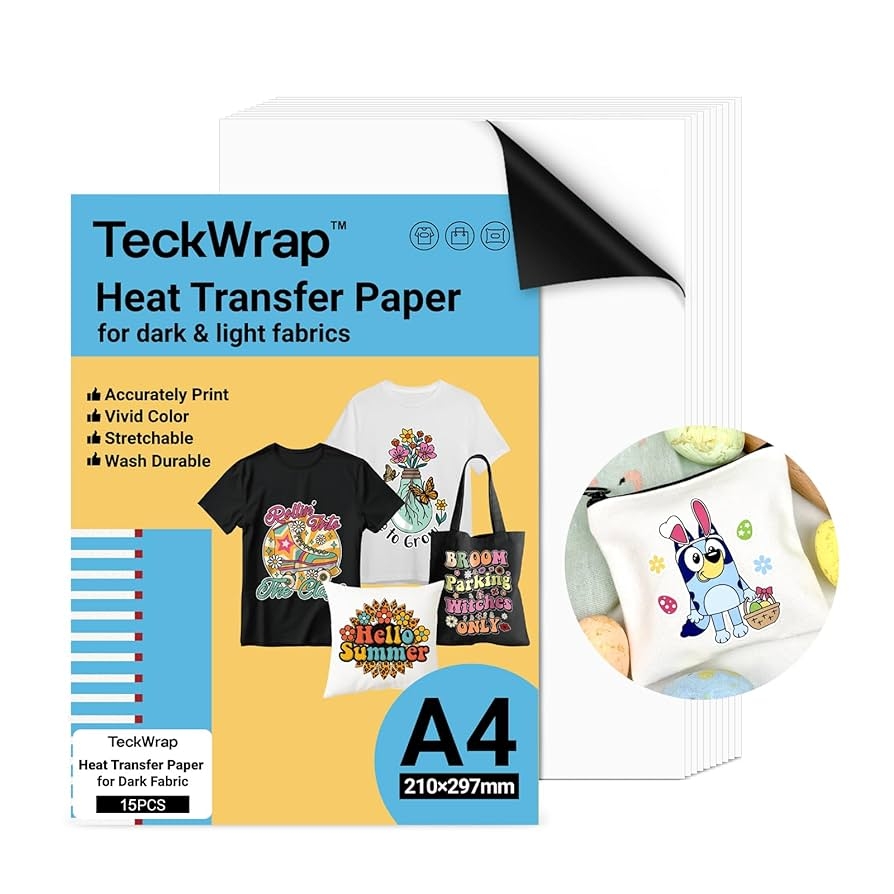 TECKWRAP Printable Heat Transfer Paper For T Shirts 15 Sheets 8 3 X 11 7 Inch Printable Heat Transfer Vinyl For Inkjet Printer Iron On Transfer 