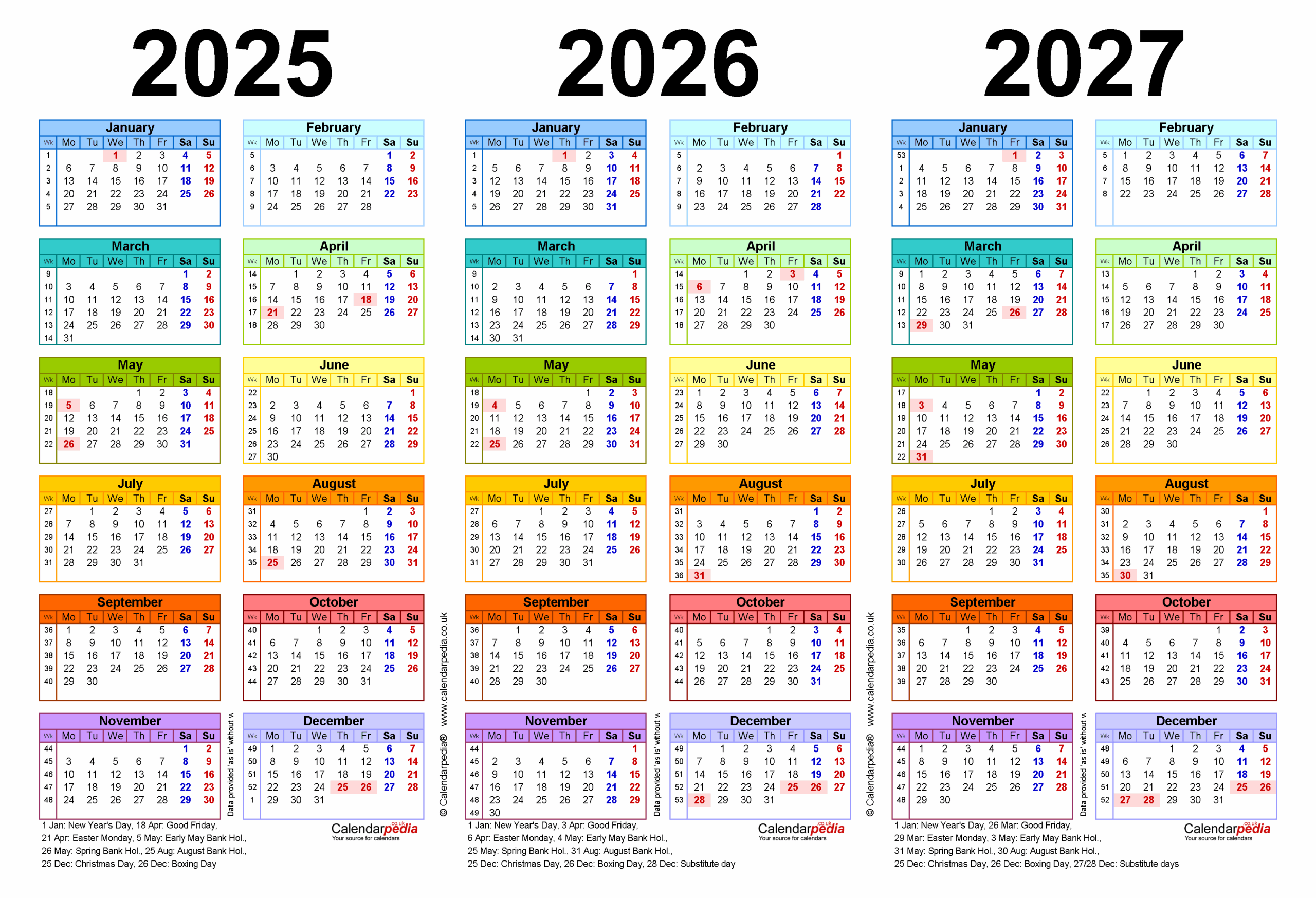 Three Year Calendars For 2025 2026 And 2027 UK For Excel