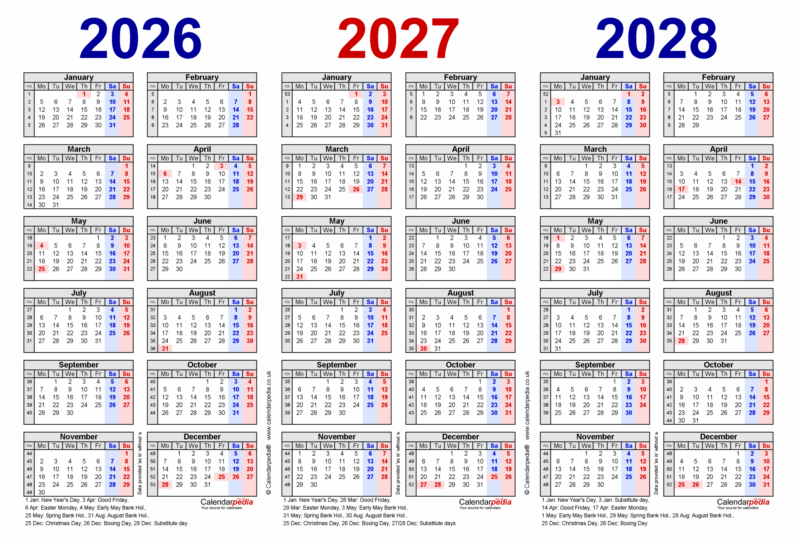 Three Year Calendars For 2026 2027 And 2028 UK For PDF