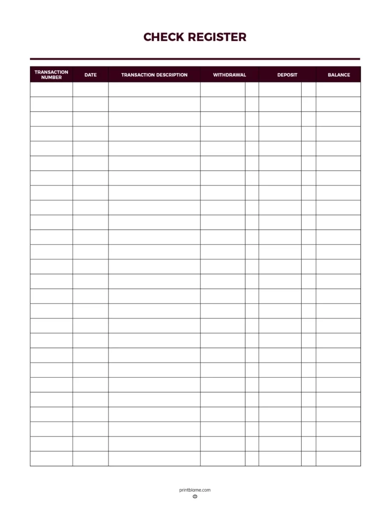 Free Printable Checkbook Register