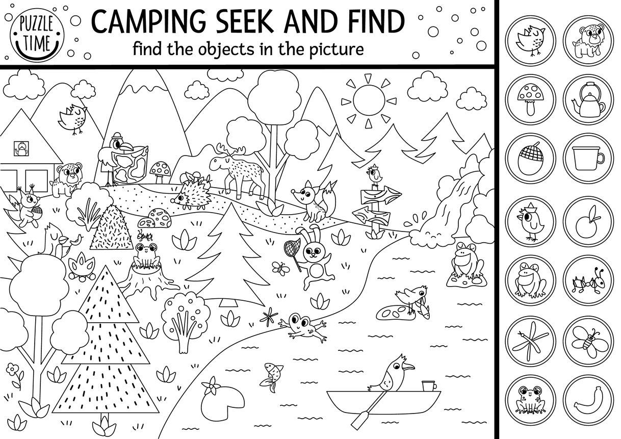 Vector Black And White Camping Searching Game Or Coloring Page 