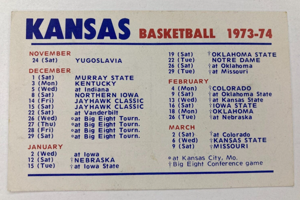 Vintage Kansas Jayhawks College Basketball Pocket Schedule 1973 74