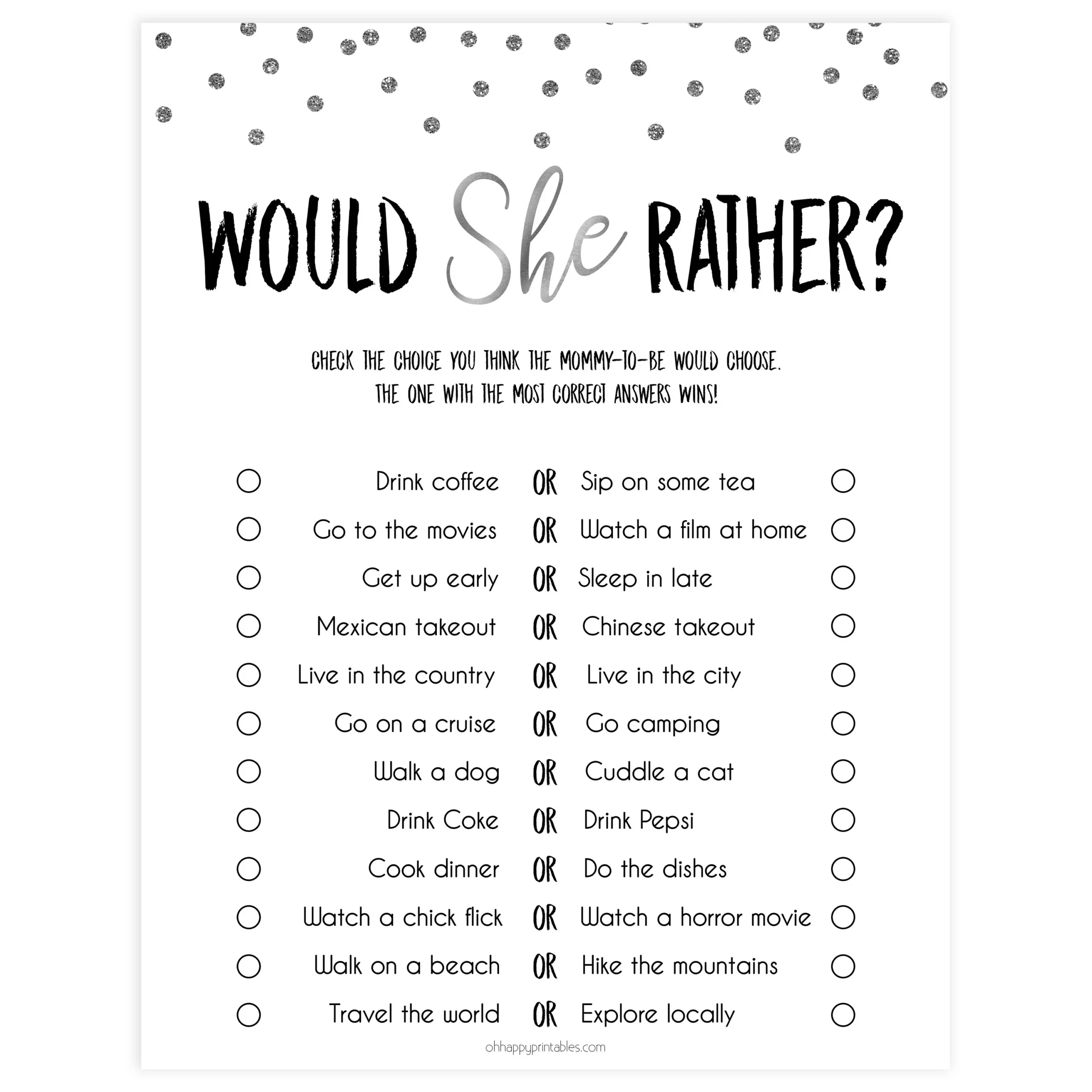 Would She Rather Printable Silver Glitter Baby Shower Games 