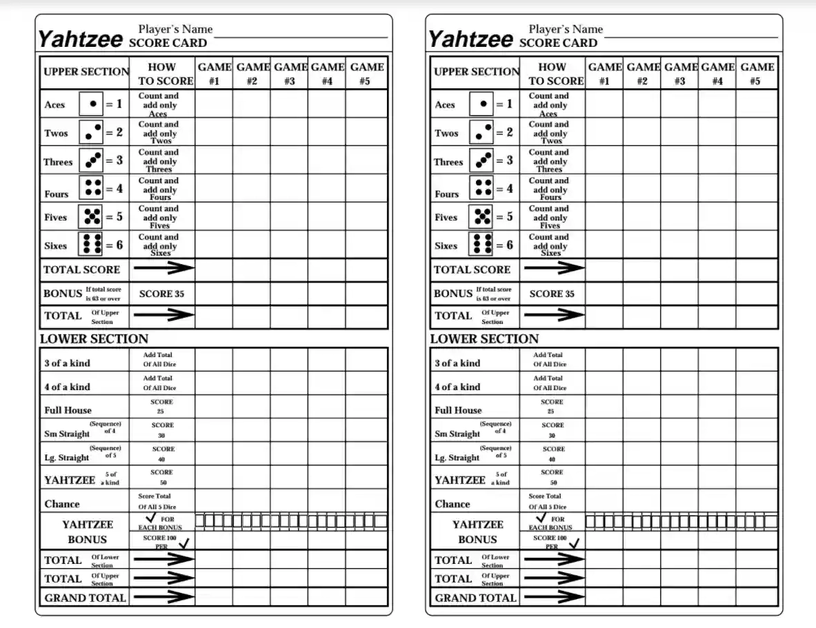 Yahtzee Score Card Printable