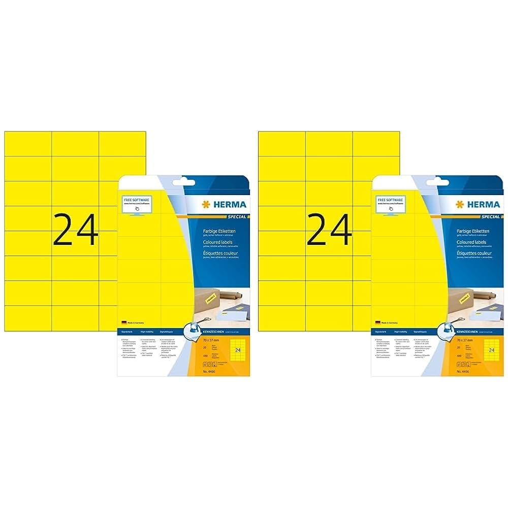 Yellow Removable Coloured Labels 20 Sheets 70 X 37 Mm 24 Per A4 Sheet 480 Stickers Self Adhesive Printable Matt Blank Paper Colour Labels Pack Of 2 