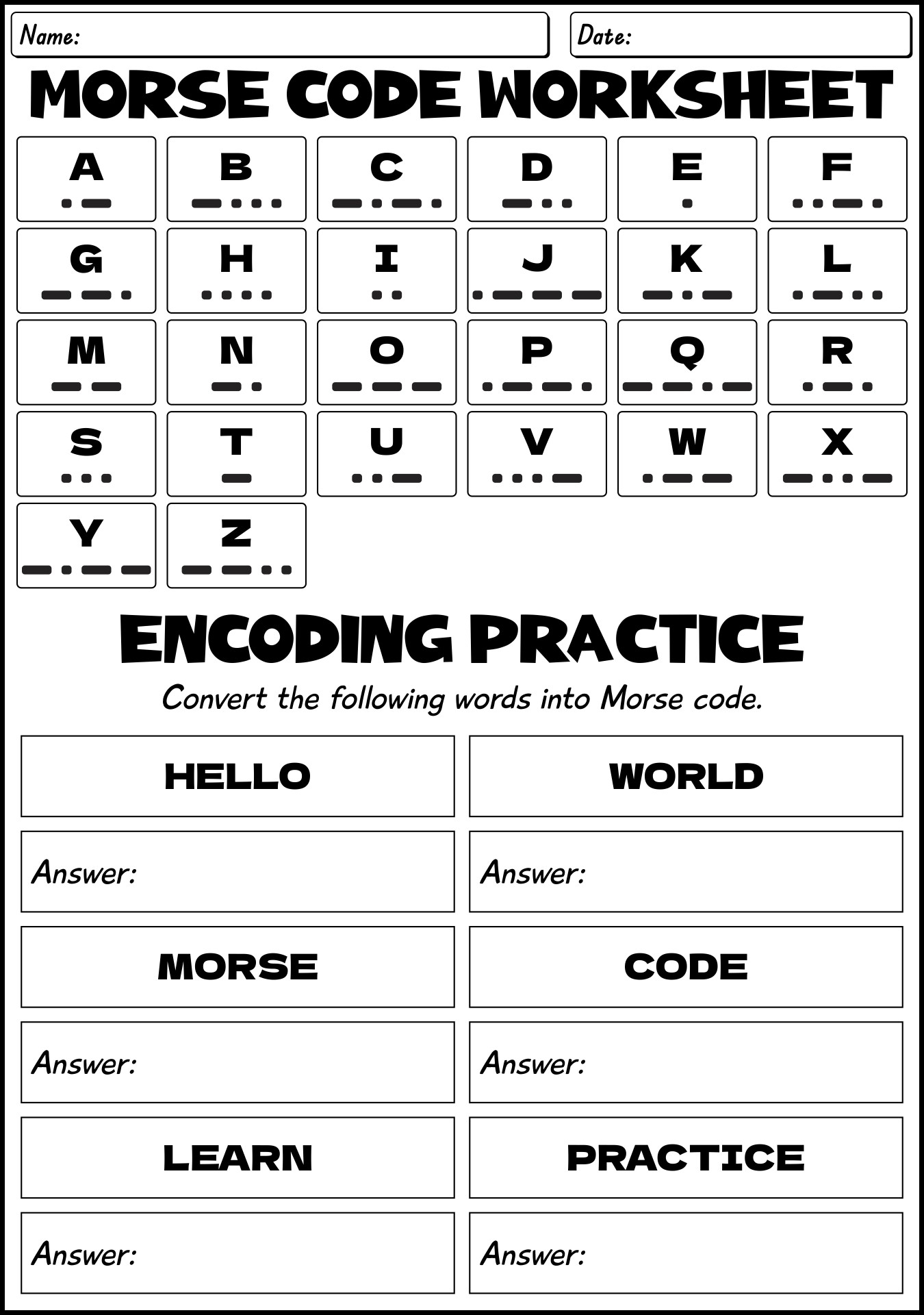 Morse Code Printable Sheet