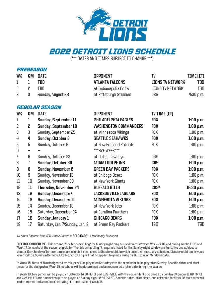 2022 Detroit Lions Schedule PDF Sports National Football 