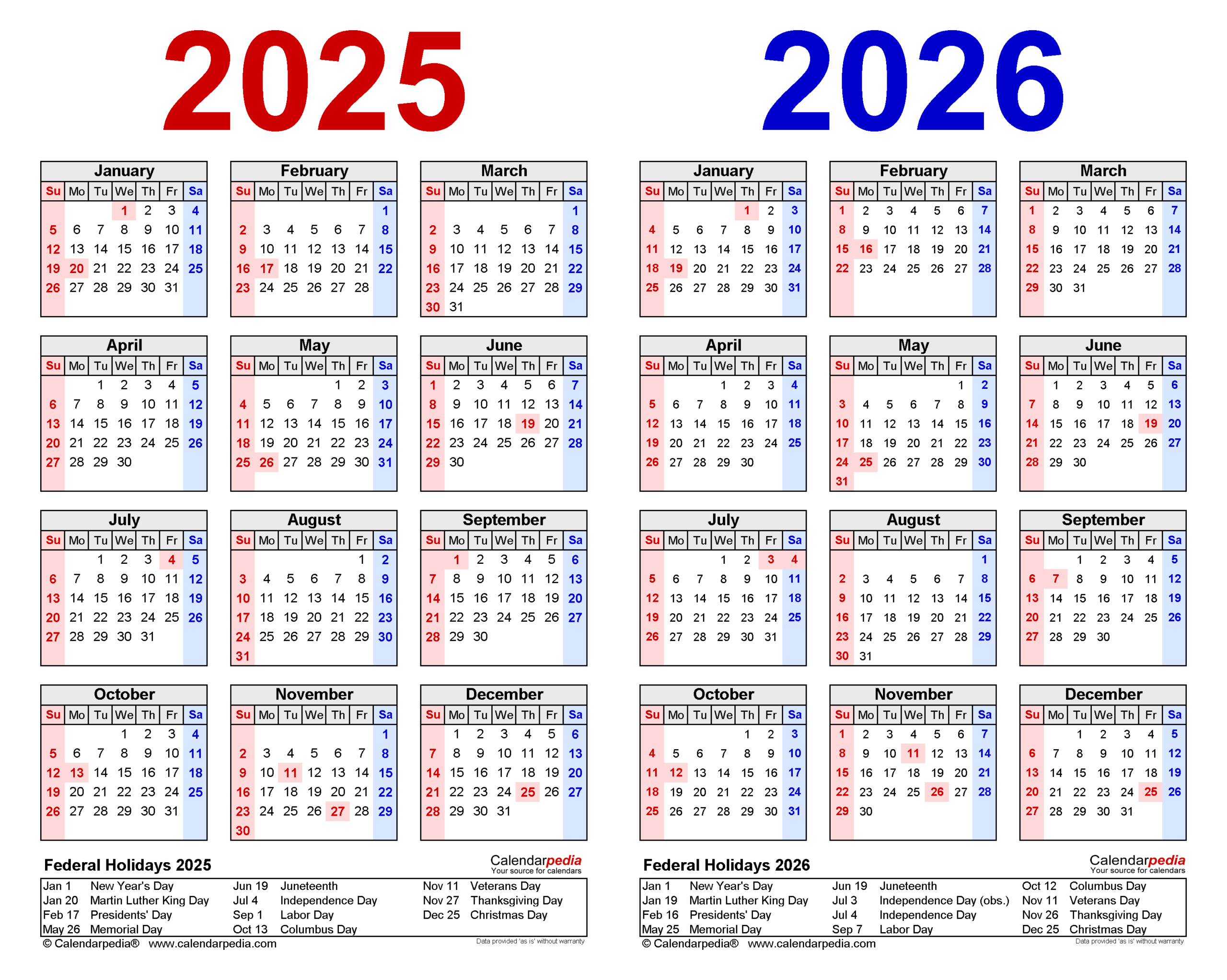 2025 And 2026 Calendar With Holidays Printable Free