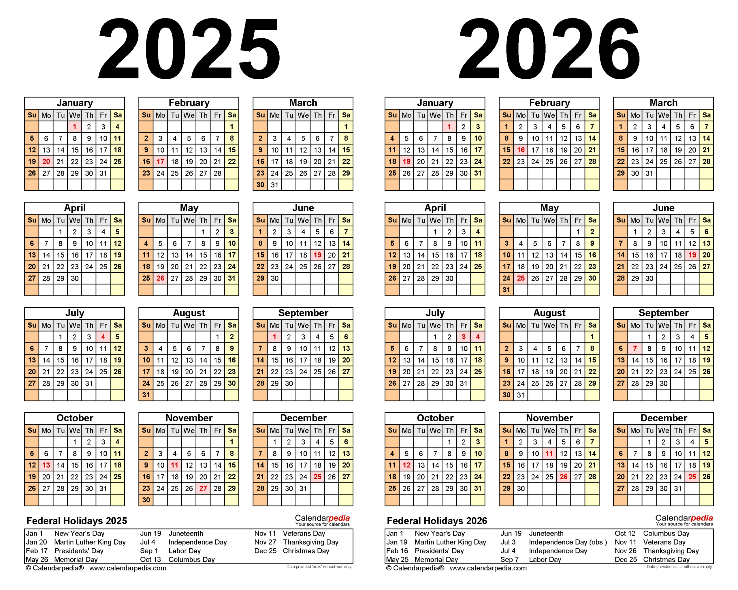 2025 2026 Two Year Calendar Free Printable Word Templates