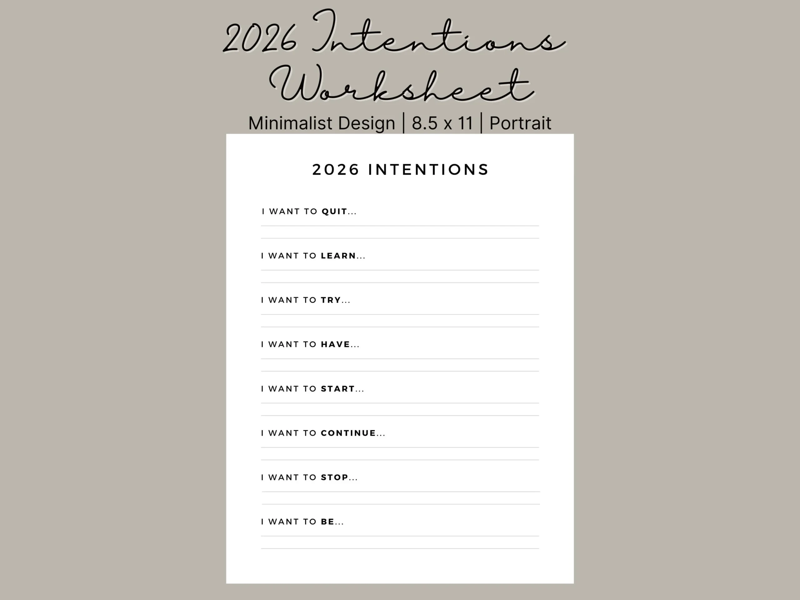 2026 Intentions Worksheet Printable New Year Goal Setting 