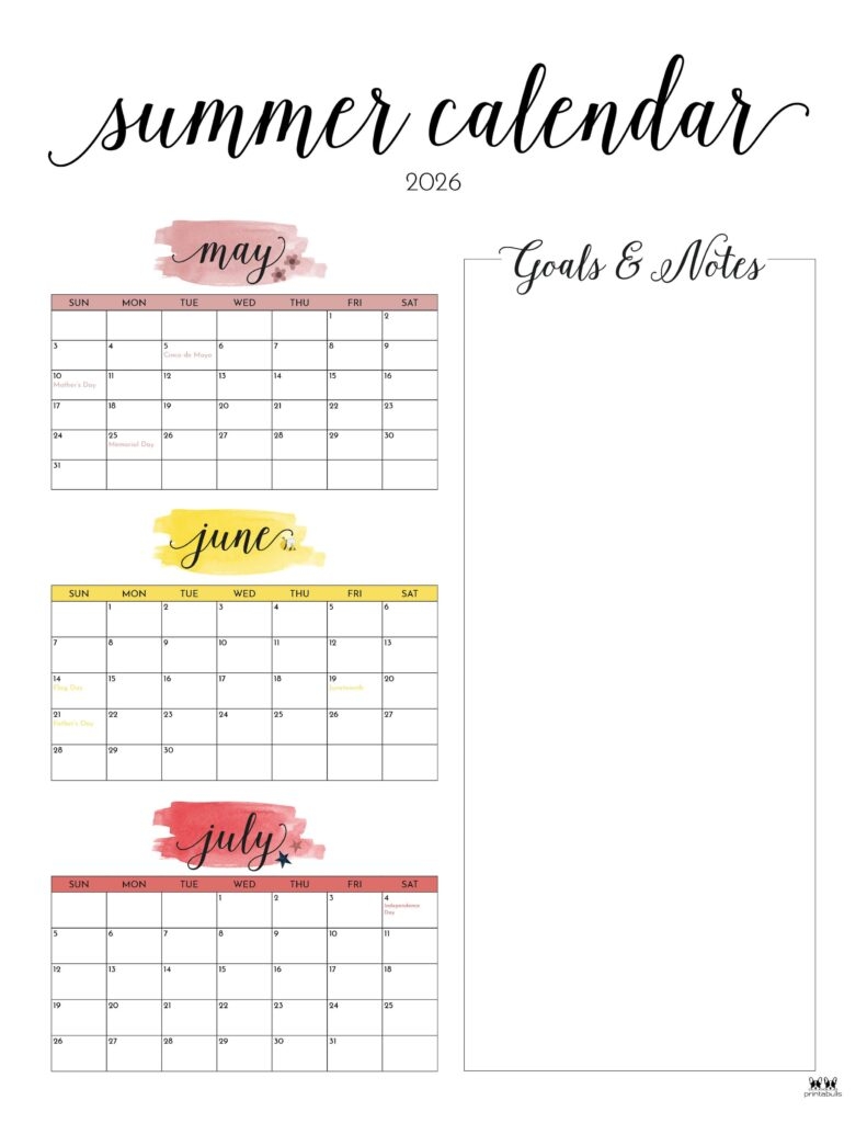 Printable Summer Calendar 2026