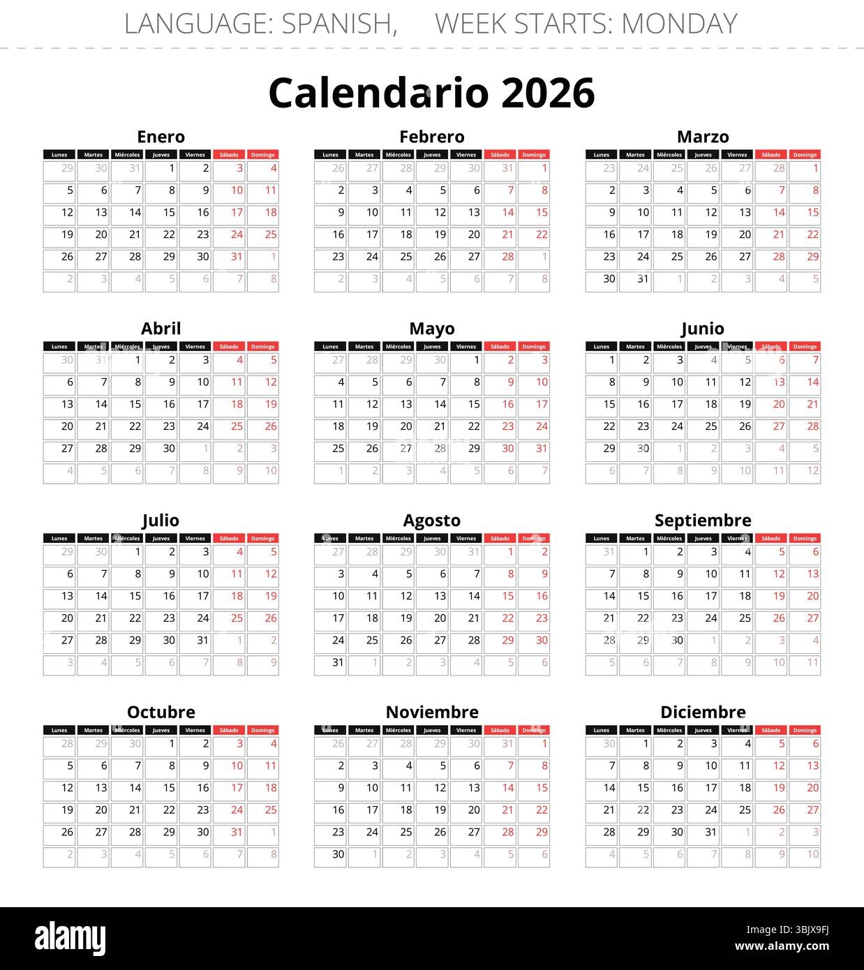 2026 Vertical Spanish Calendars Calendario Printable Vector 
