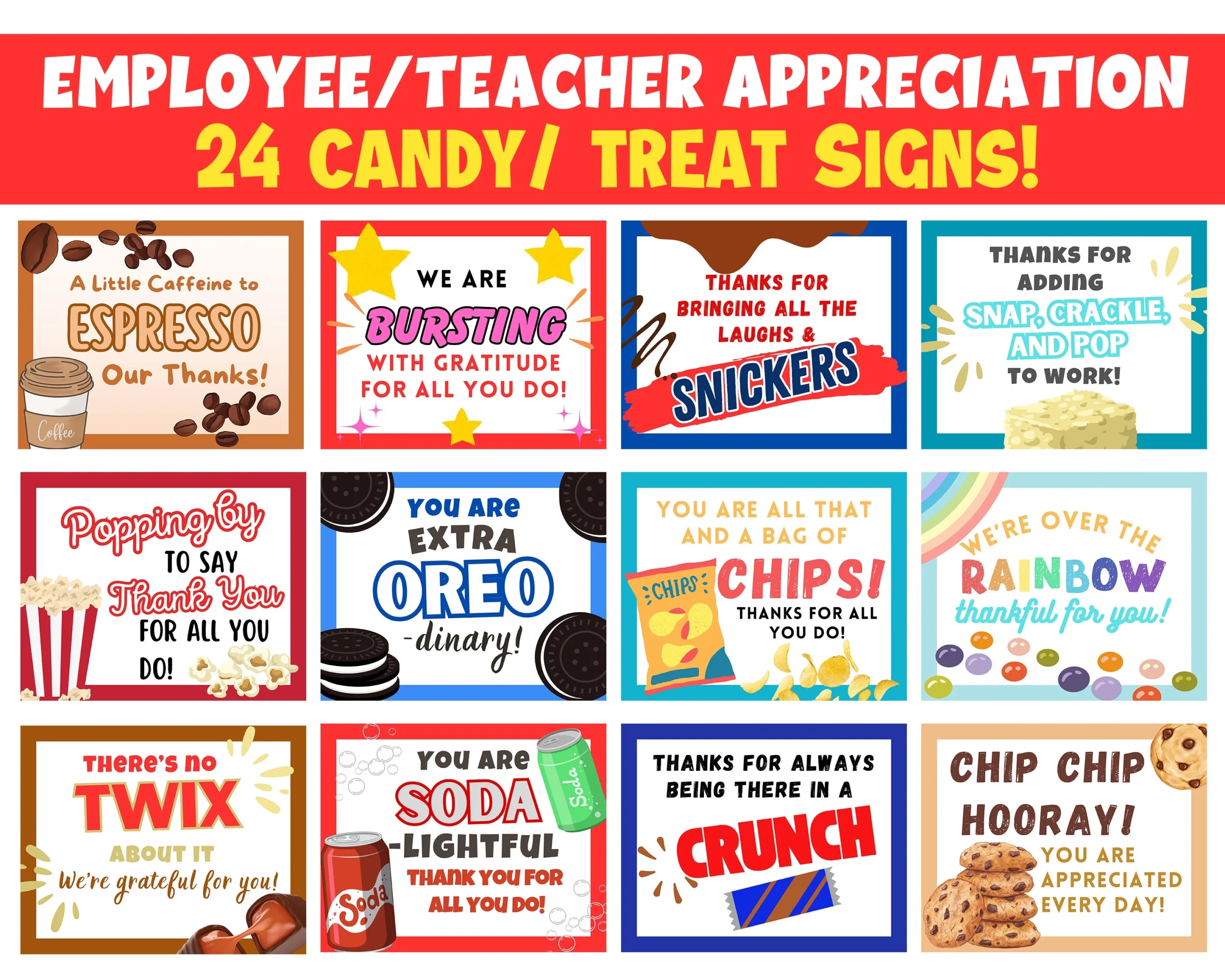 24 Employee Teacher Appreciation Sign Bundle 10 X 8 Candy Gifts 