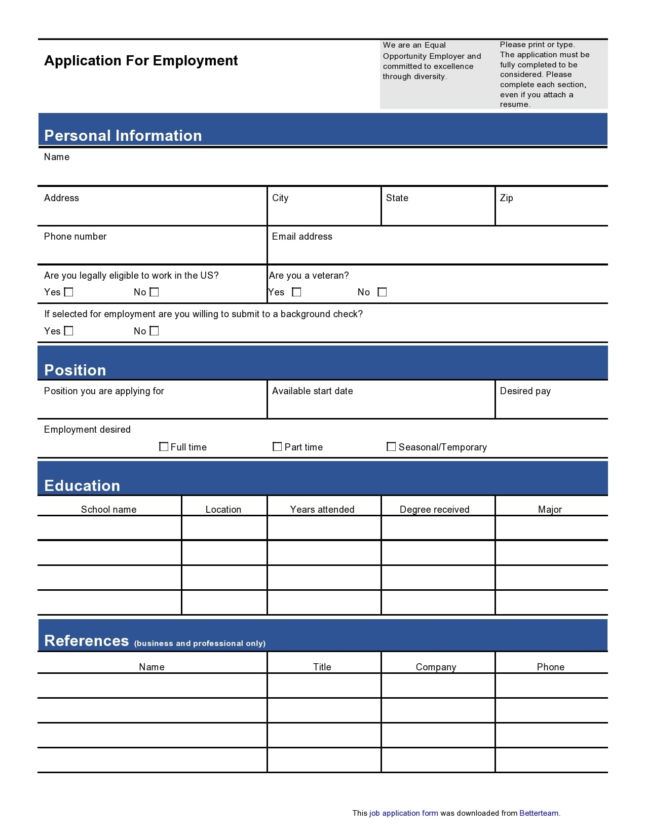 Printable Generic Job Application