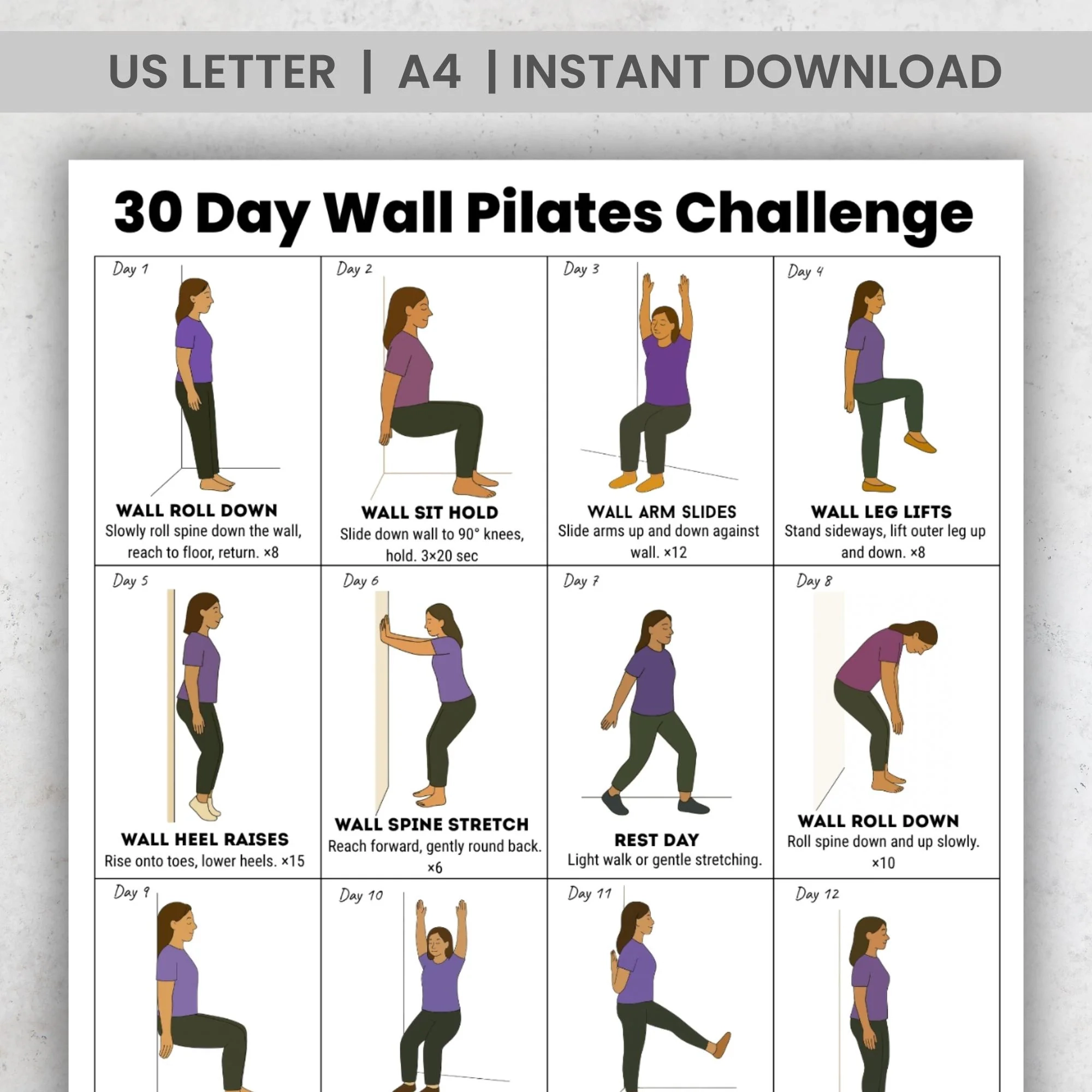 30 Day Wall Pilates Challenge Printable PDF Gentle Daily Wall 