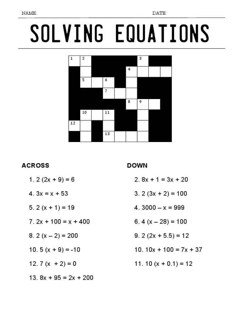 6 1G Solving Equations Crossword PDF