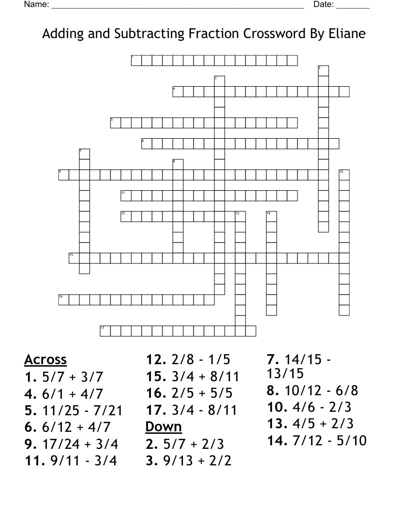 Printable Fraction Crossword Puzzle