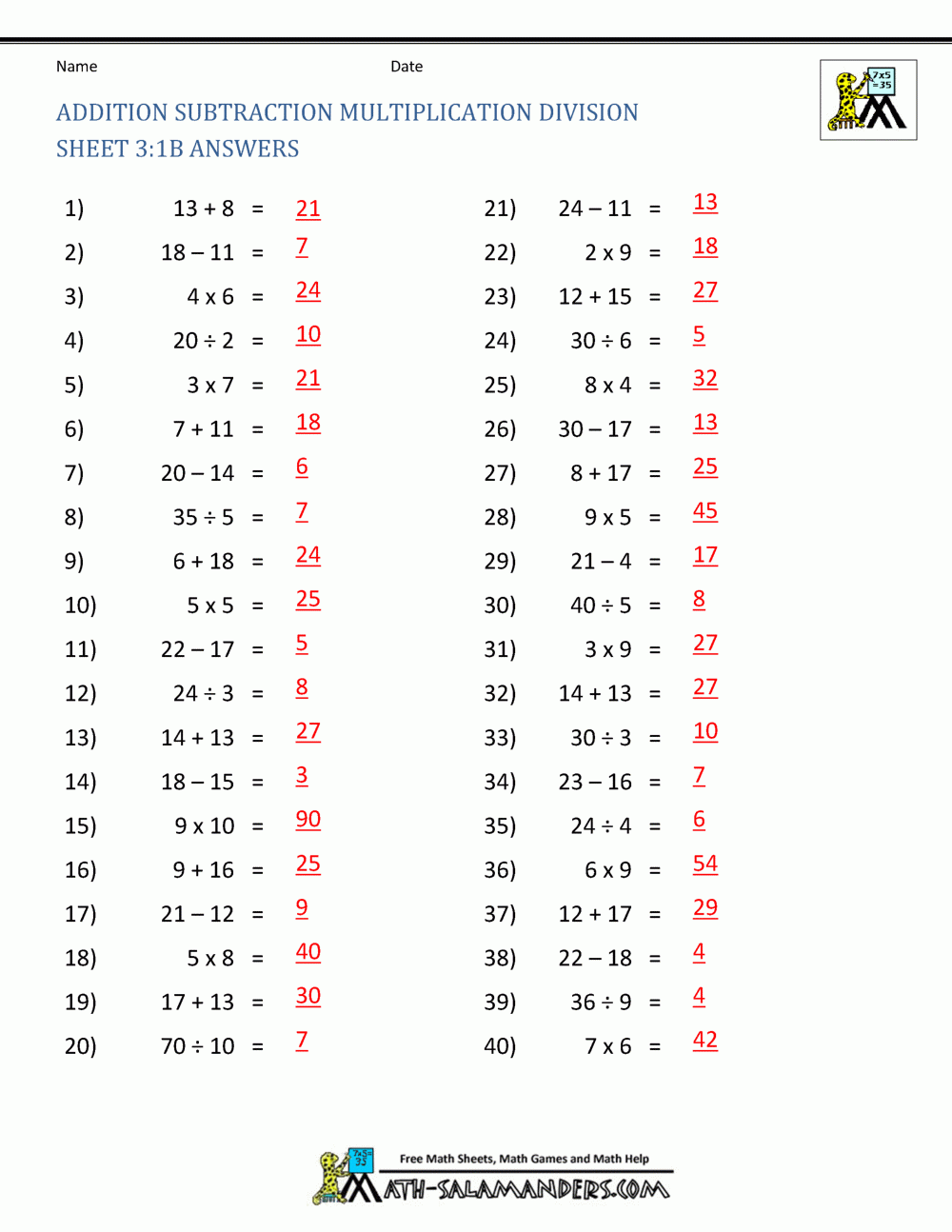 Addition Subtraction Multiplication Division Worksheets
