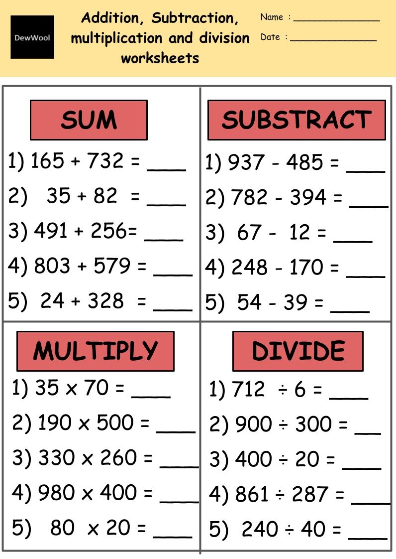 Addition Subtraction Multiplication Division Worksheets With 