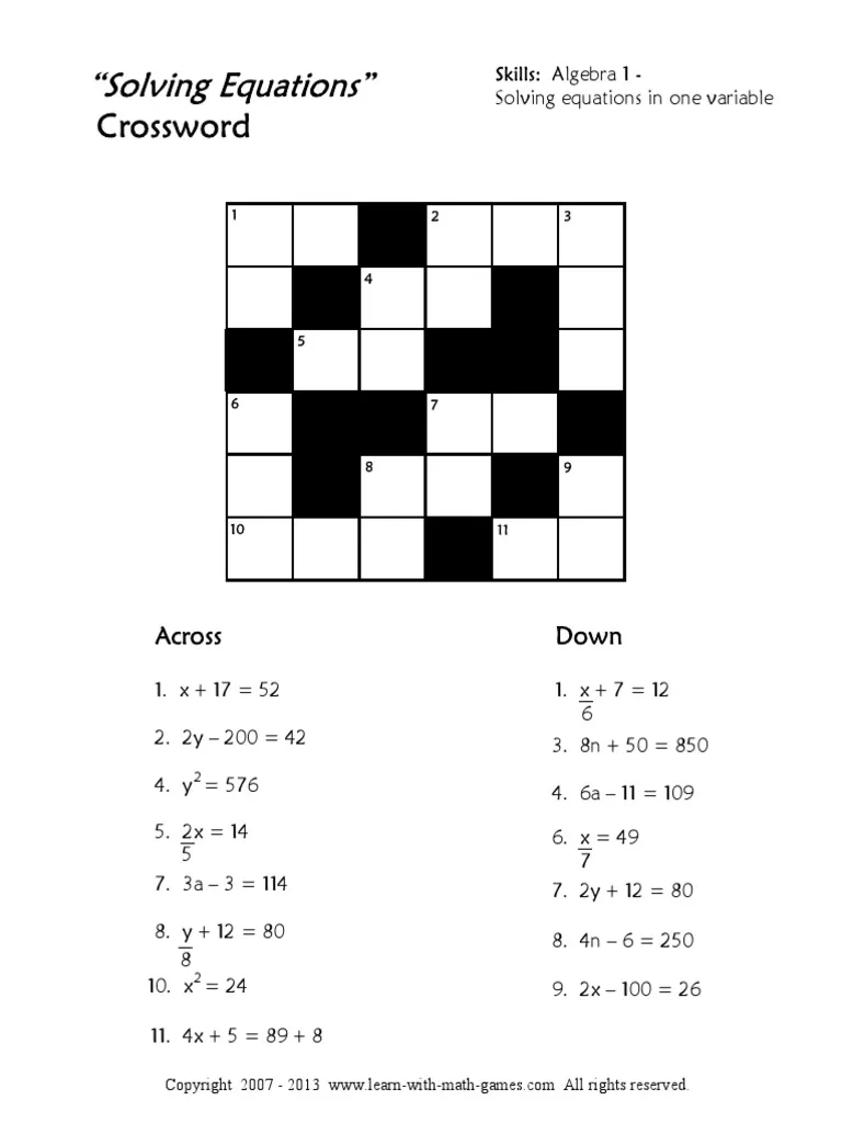 Printable Solving Equations Crossword Puzzle