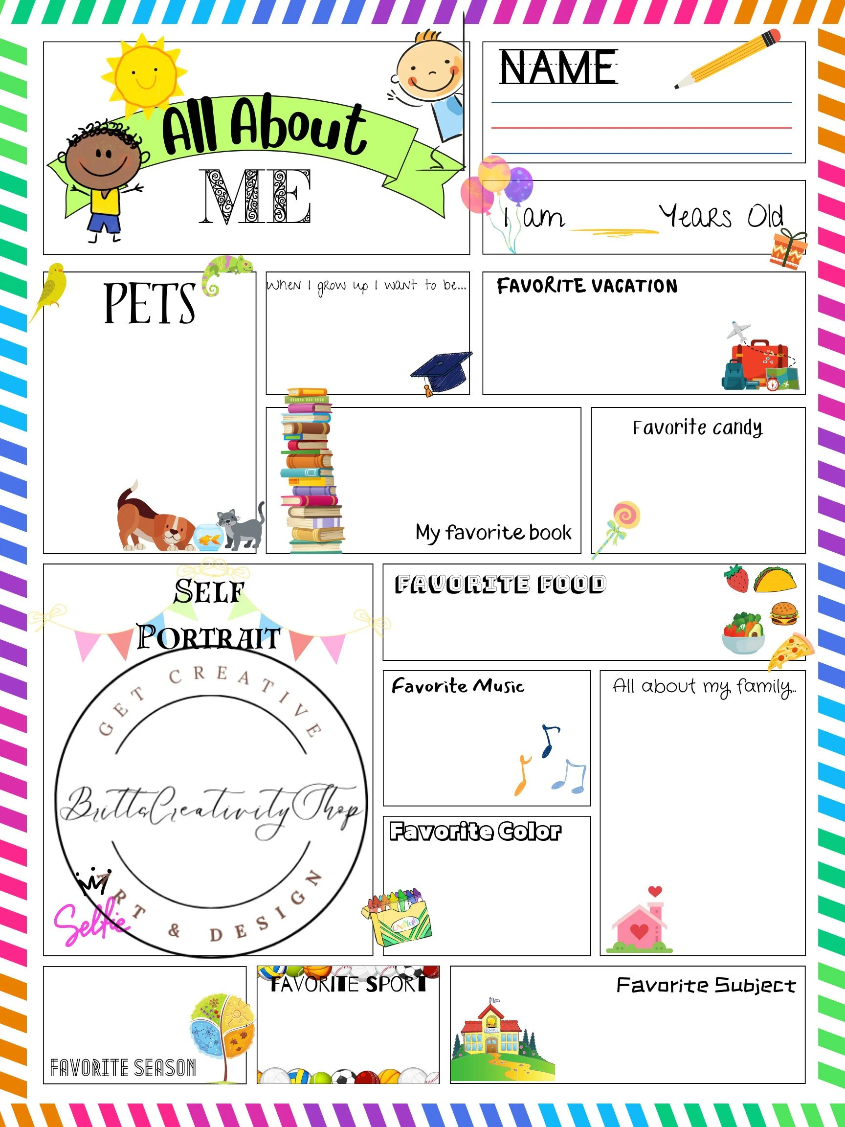 ALL ABOUT ME Poster Size Sheet Printable Writing Prompt For Kids 