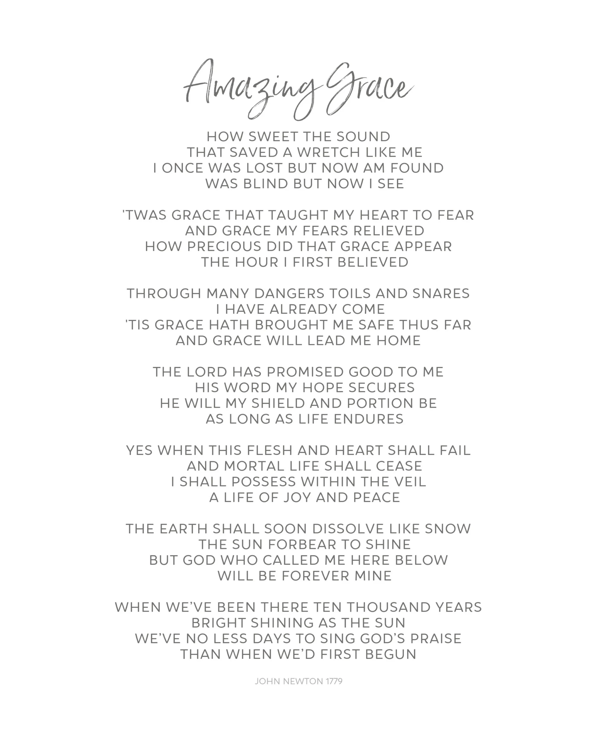 Amazing Grace Hymn Lyrics Printable