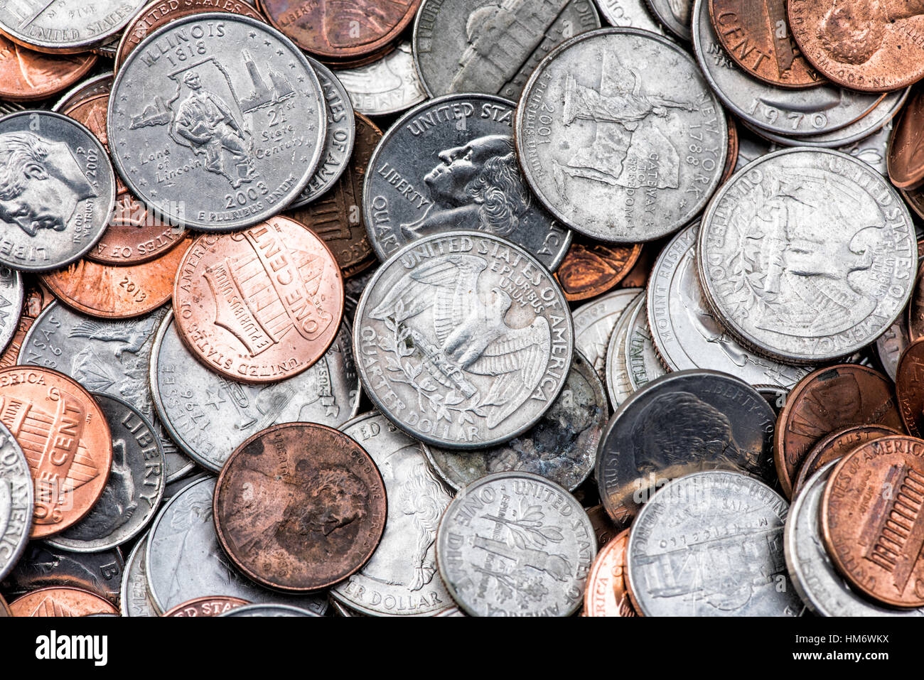 American Coins Pile Pennies Nickels Dimes Quarters United States 