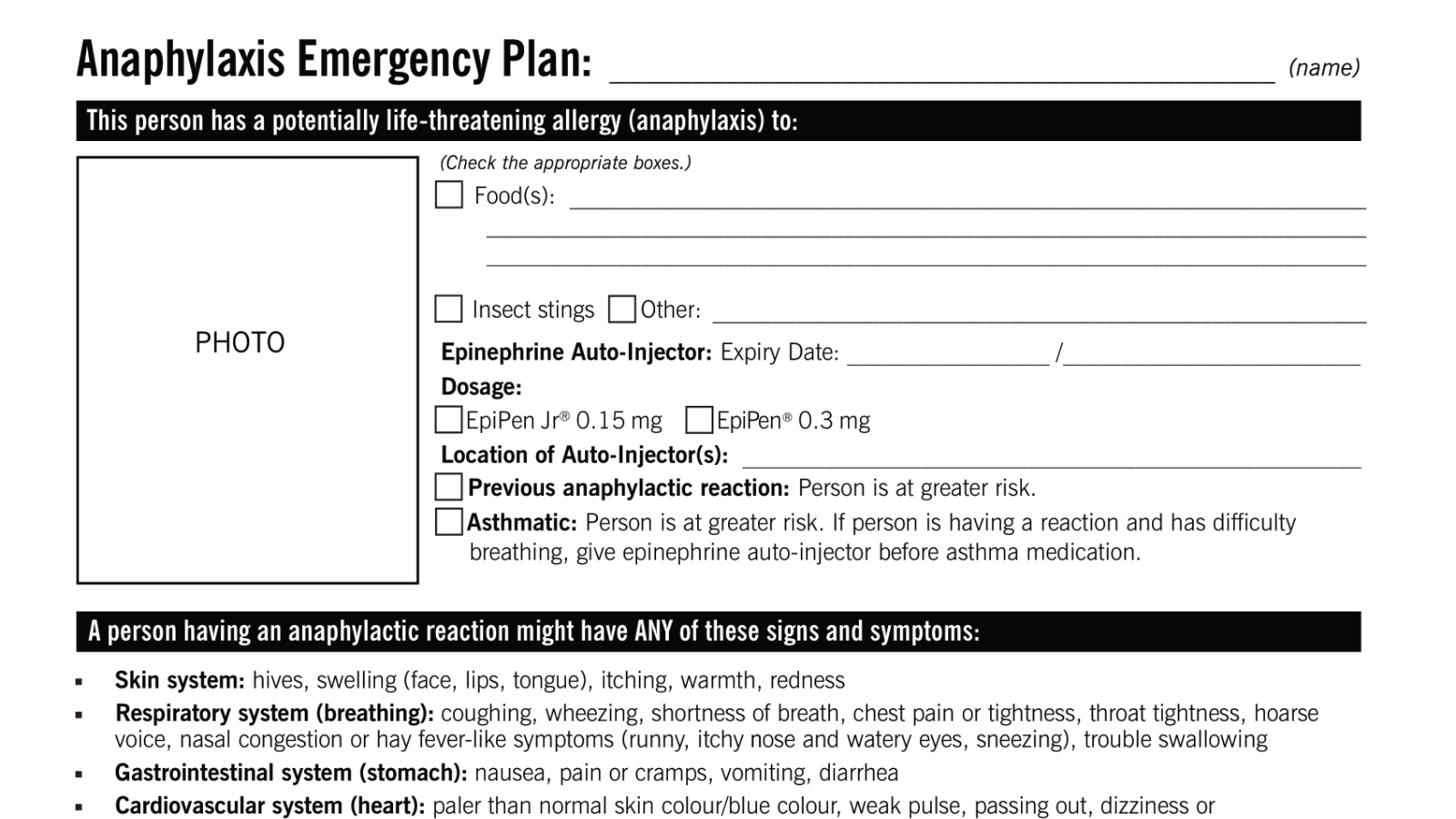 Printable Allergy Action Plan Pdf