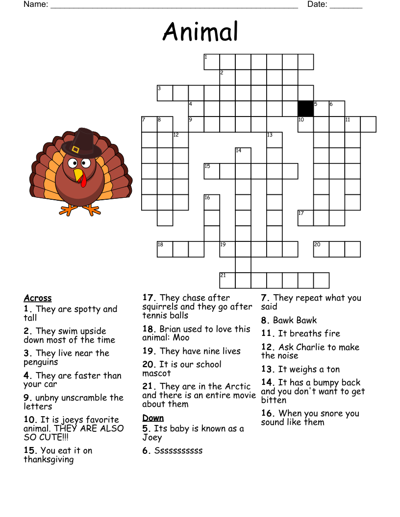 Animal Crossword Puzzle WordMint