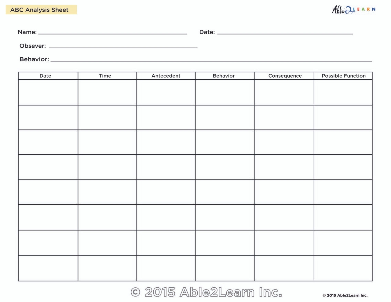 Antecedent Behavior Consequence ABC Chart